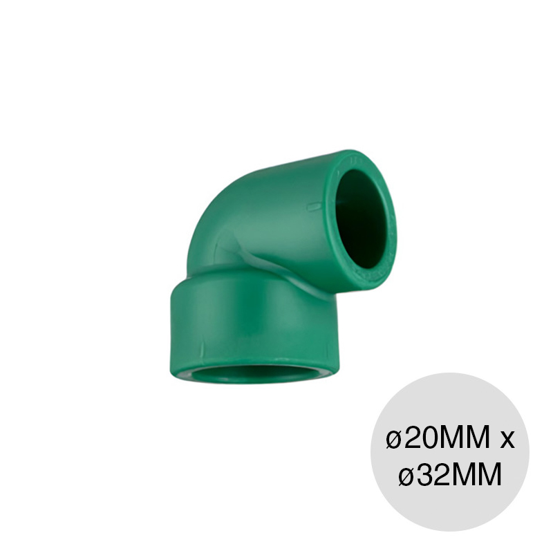 Codo 90° reduccion hembra-hembra agua fria caliente polipropileno random PN25 termofusion ø 20mm x ø 32mm