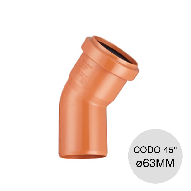 Codo 45° macho-hembra desagüe cloacal pluvial polipropileno union O-ring ø 63mm
