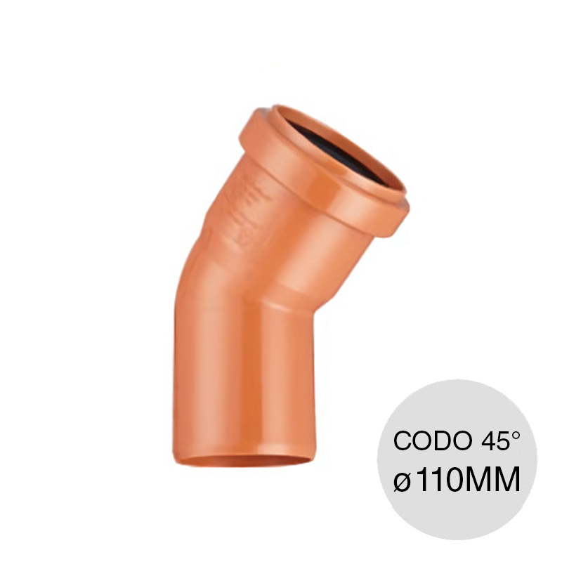 Codo 45° macho-hembra desagüe cloacal pluvial polipropileno union O-ring ø 110mm