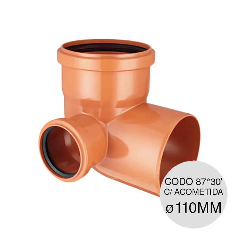 Codo 87°30' acometida derecha desagüe cloacal pluvial polipropileno union O-ring ø 110mm x ø 63mm
