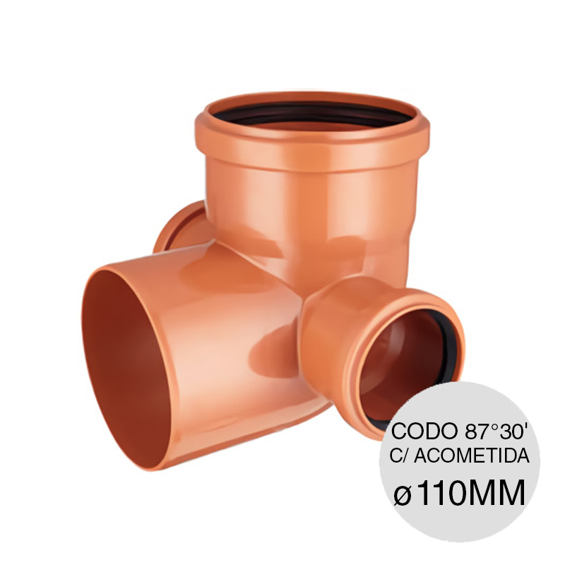 Codo 87°30' doble acometida desagüe cloacal pluvial polipropileno union O-ring ø 110mm x ø 63mm