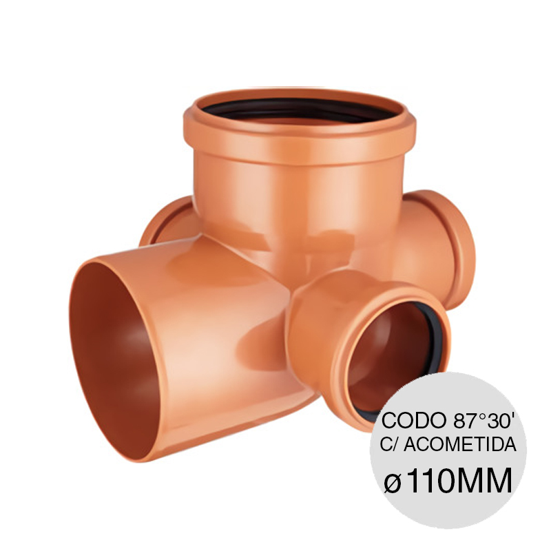 Codo 87°30' triple acometida desagüe cloacal pluvial polipropileno union O-ring ø 110mm x ø 63mm