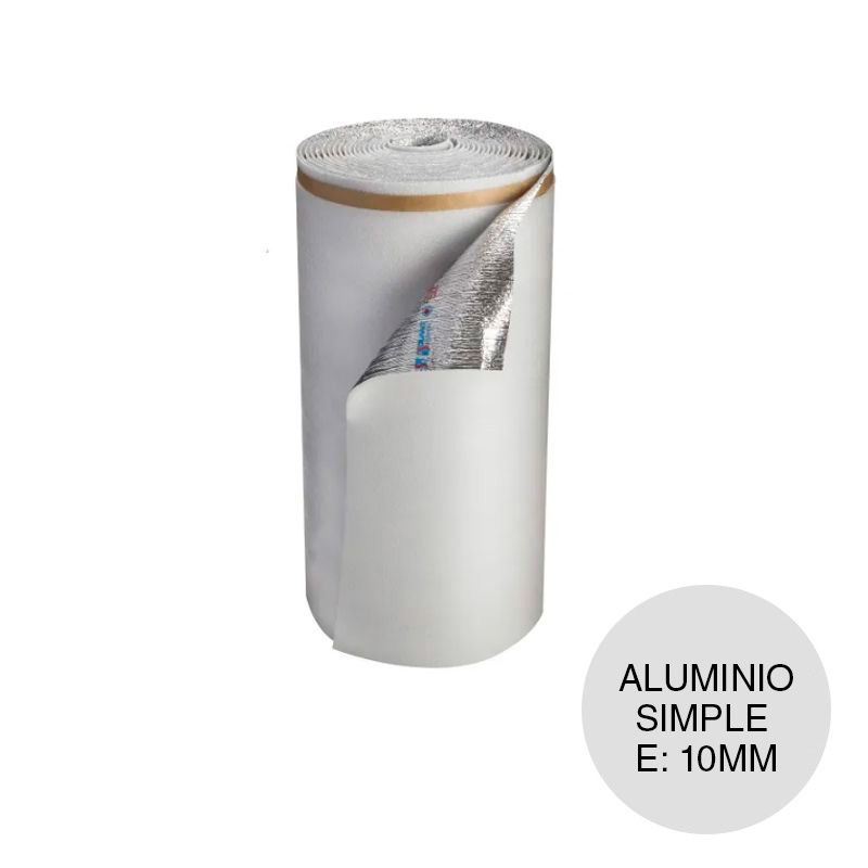 Aislante termico hidrofugo espuma polietileno TBA film aluminio simple 10mm x 1m x 20m rollo x 20m²