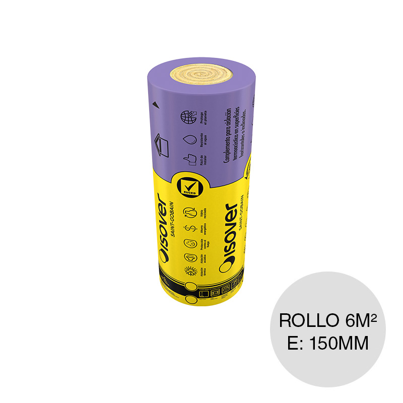 Aislante termico lana de vidrio Fieltro Liviano hidrorepelente 150mm x 1.20m x 5m x rollo 6m²