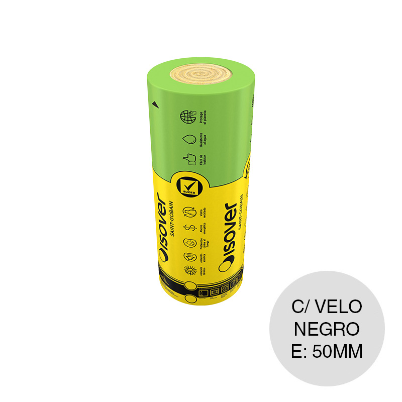 Aislante termico acustico lana de vidrio Fieltro Fachada VR hidrorepelente c/velo negro 50mm x 1.20m x 18.2m rollo x 21.84m²