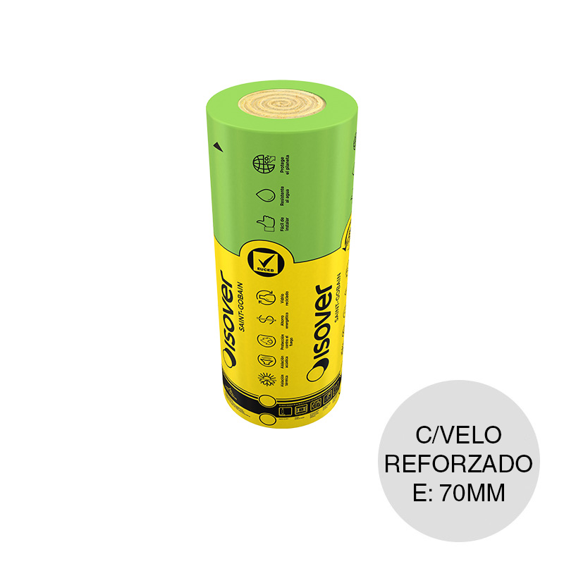 Aislante termico acustico lana de vidrio Fieltro Fachada VR hidrorepelente c/velo reforzado 70mm x 1.20m x 13m rollo x 15.6m²