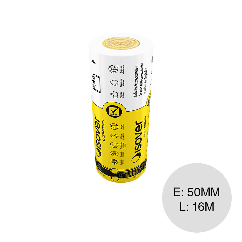 Aislante termico acustico lana de vidrio Fieltro Tensado Polipropileno hidrorepelente blanco 50mm x 1.20m x 16m x rollo 19.2m²