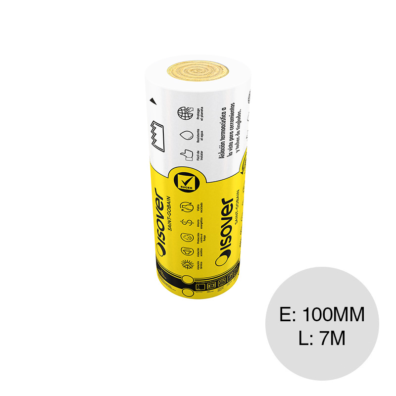 Aislante termico acustico lana de vidrio Fieltro Tensado Polipropileno hidrorepelente blanco 100mm x 1.20m x 7m x rollo 8.4m²