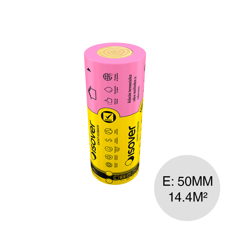 Aislante termico lana de vidrio Rolac Plata Cubierta hidrorepelente 50mm x 1.2m x 12m rollo x 14.4m²