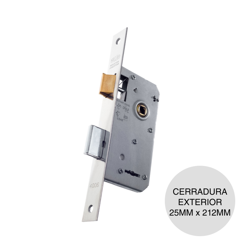 Cerradura liviana Seguridad 4006 exterior frente ancho acero 25mm x 65mm x 212mm