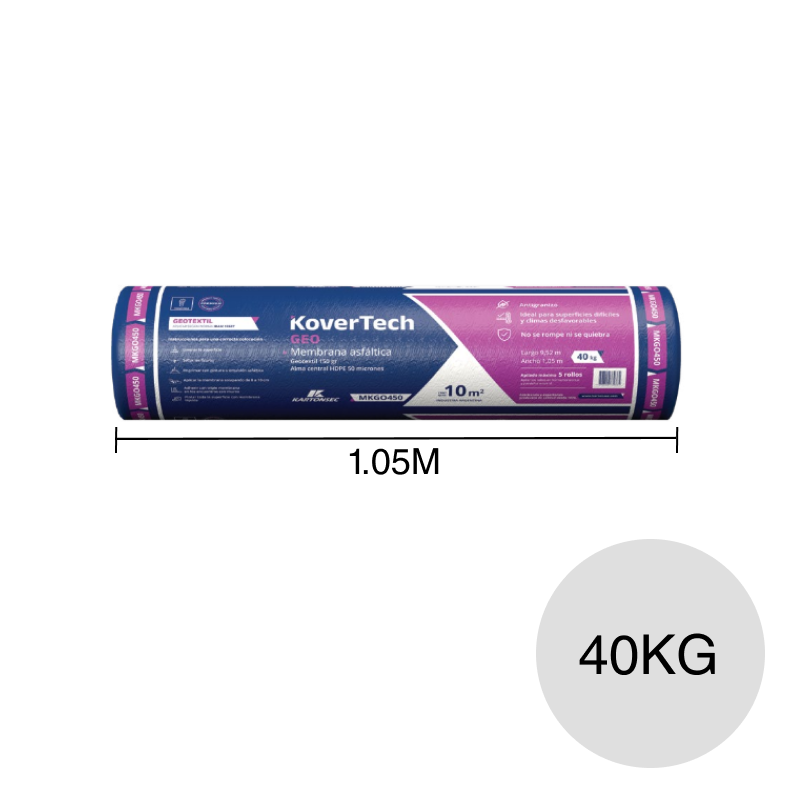 Membrana asfaltica geotextil KoverTech Geo transitable expuesta 40kg x 1.05m x 9.52m rollo x 10m²