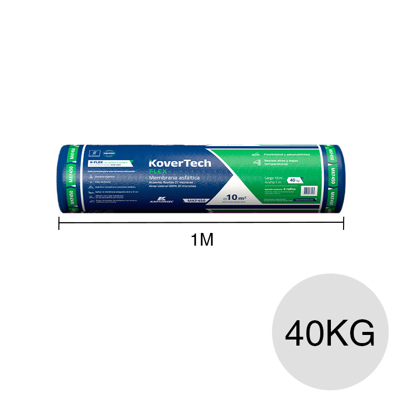 Membrana asfaltica c/aluminio KoverTech Flex no transitable expuesta 40kg x 1m x 10m rollo x 10m²