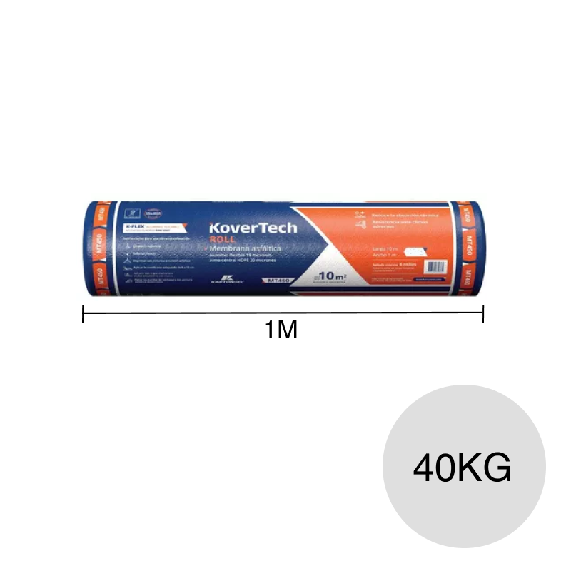 Membrana asfaltica c/aluminio KoverTech Roll no transitable expuesta techos 40kg x 1m x 10m rollo x 10m²