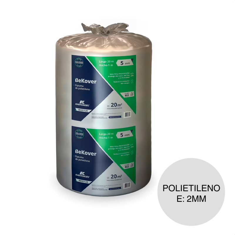 Aislante termico hidrofugo espuma polietileno BeKover s/aluminio 2mm x 1m x 20m rollo x 20m²
