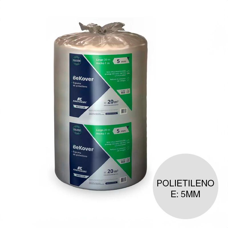 Aislante termico hidrofugo espuma polietileno BeKover s/aluminio 5mm x 1m x 20m rollo x 20m²