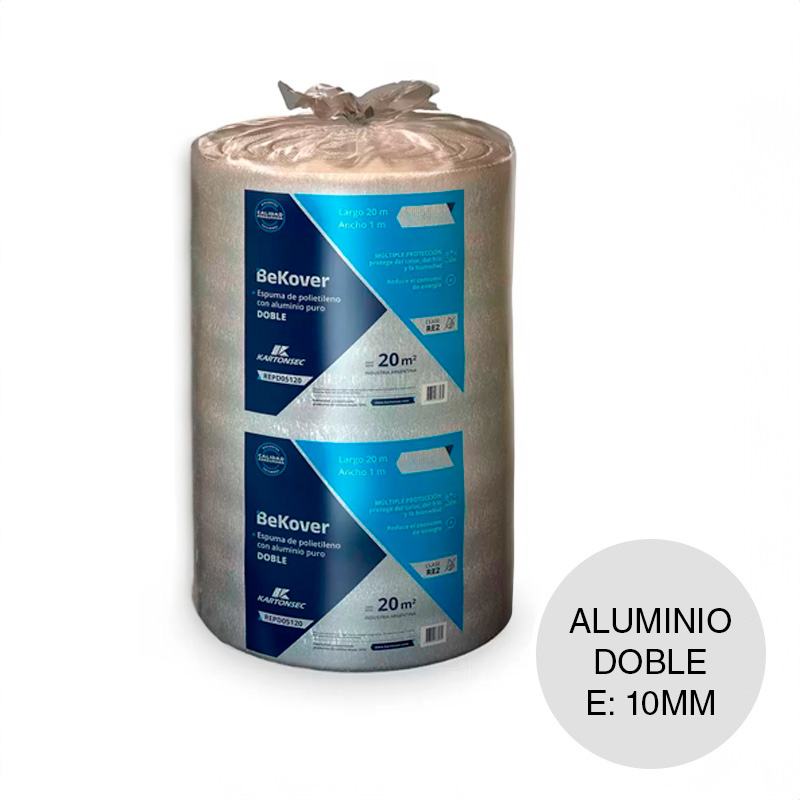 Aislante termico hidrofugo espuma polietileno BeKover aluminio puro doble 10mm x 1m x 20m rollo x 20m²