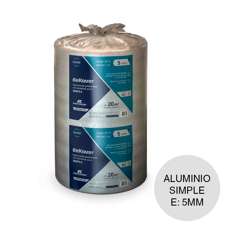 Aislante termico hidrofugo espuma polietileno BeKover aluminio puro simple 5mm x 1m x 20m rollo x 20m²