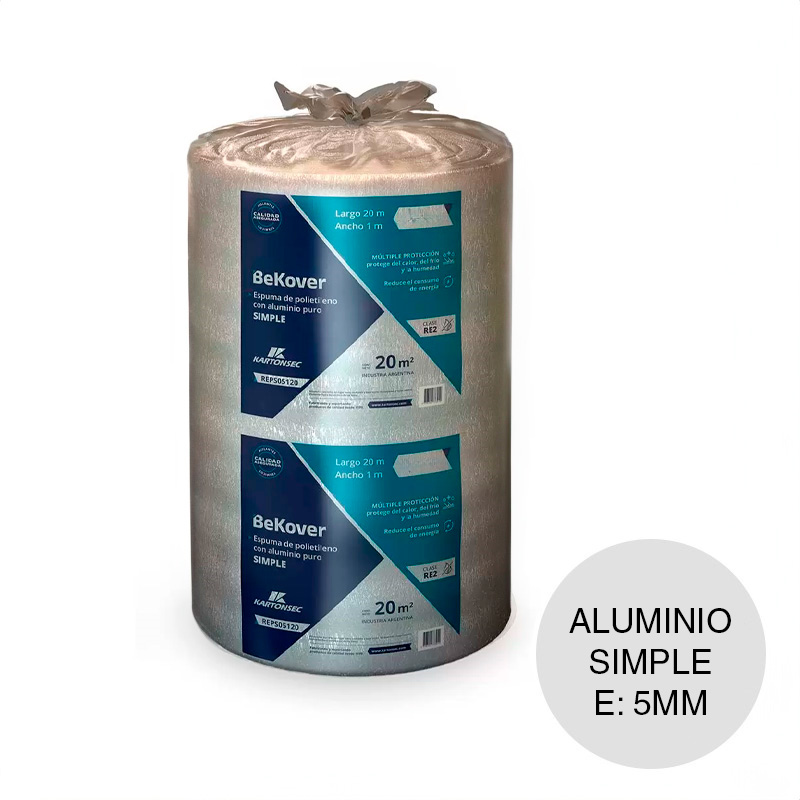 Aislante termico hidrofugo espuma polietileno BeKover aluminio puro simple 10mm x 1m x 20m rollo x 20m²