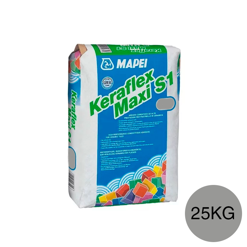 Pegamento pisos y revestimientos Keraflex Maxi S1 ceramicos/porcellanatos/piedras grandes piezas gris bolsa x 25kg