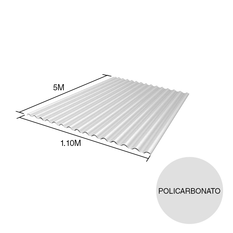 Chapa acanalada policarbonato cristal 5m x 1.1m x 0.8mm