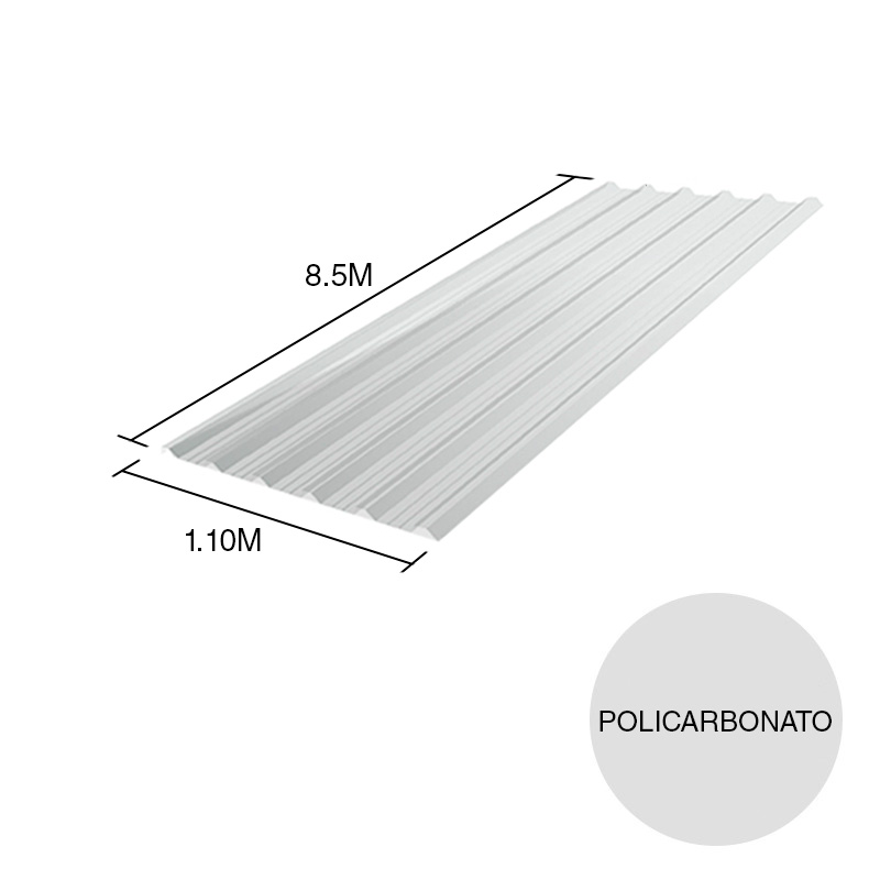 Chapa trapezoidal T101 policarbonato cristal 8.5m x 1.1m x 0.8mm