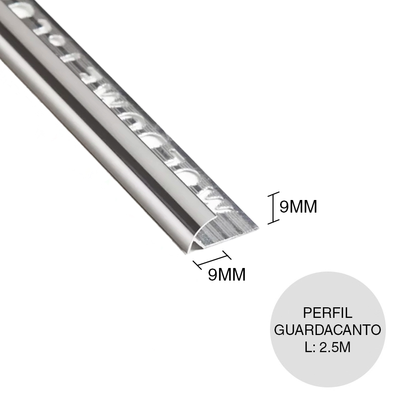 Perfil guardacanto curvo pisos paredes aluminio anodizado plateado brillante 9mm x 9mm x 2.5m
