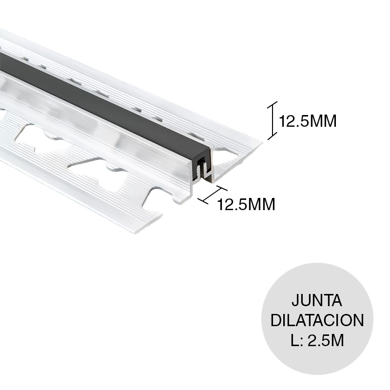 Perfil junta dilatacion aluminio c/inserto PVC plateado mate y gris oscuro 12.5mm x 12.5mm x 2.5m