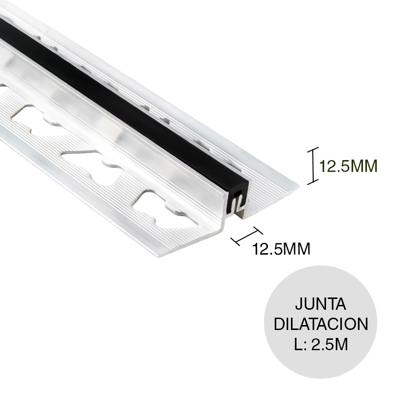 Perfil junta dilatacion aluminio c/inserto PVC plateado brillante y negro 12.5mm x 12.5mm x 2.5m