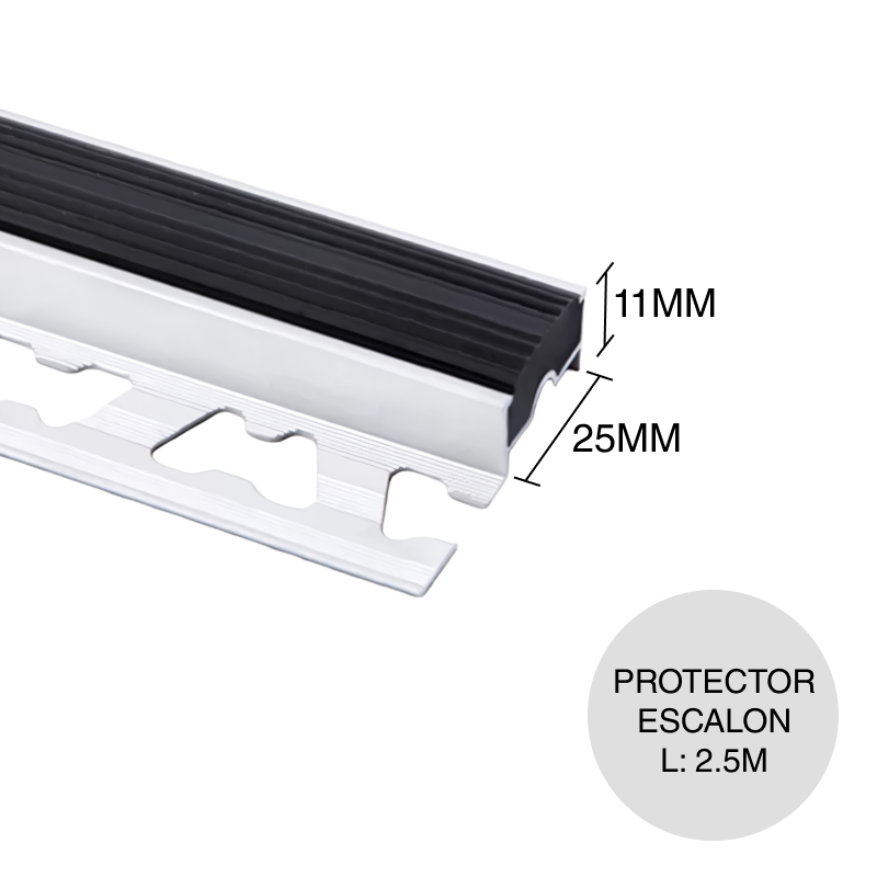 Protector nariz simple escalon aluminio c/inserto PVC plateado mate y negro 11mm x 25mm x 2.5m
