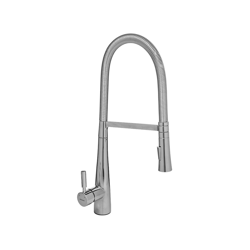 Griferia cocina acero San Diego sobremesada monocomando pico bar flexible rociador extraible cromo brillante