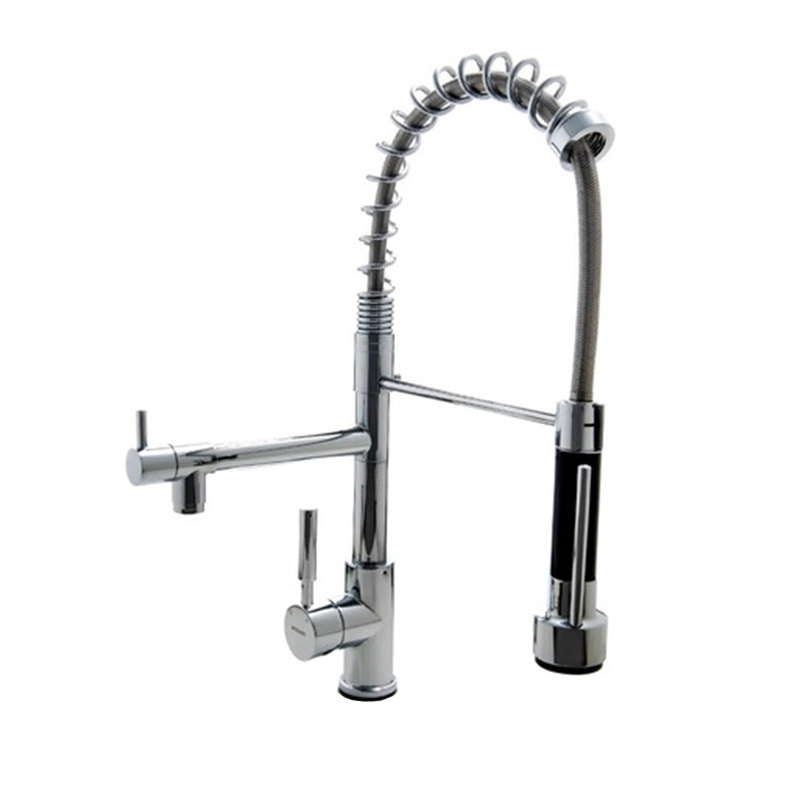 Griferia cocina acero Berlin doble pico monocomando cromado brillante