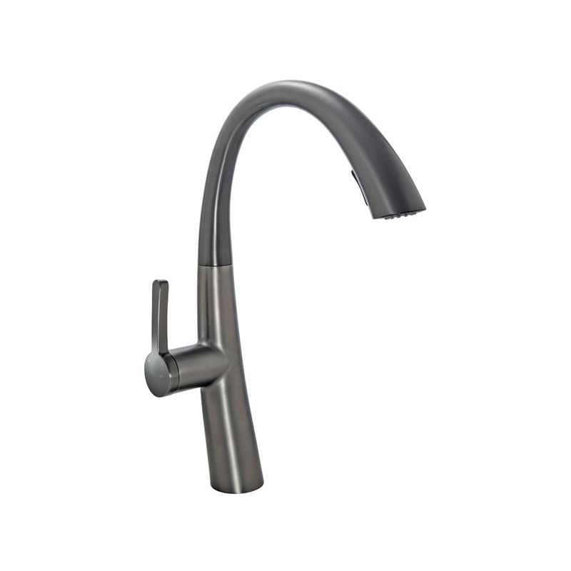 Griferia cocina acero Paris sobremesada monocomando pico curvo rociador extraible peltre mate