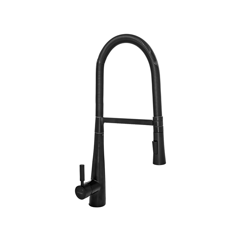 Griferia cocina acero San Diego sobremesada monocomando pico bar flexible rociador extraible negro mate