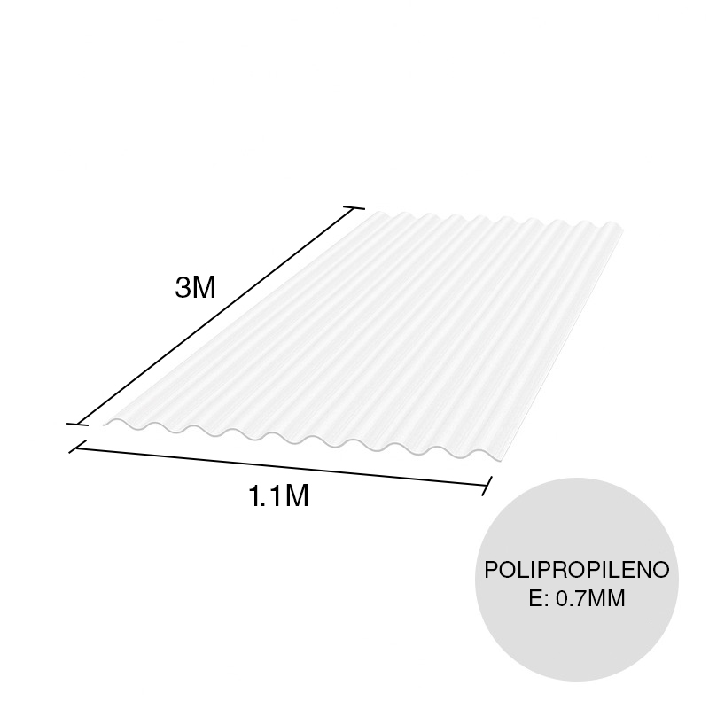 Chapa acanalada polipropileno blanca translucida 3m x 1.1m x 0.7mm