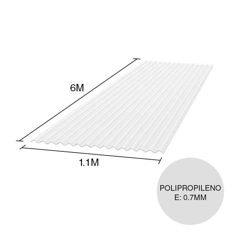 Chapa acanalada polipropileno blanca translucida 6m x 1.1m x 0.7mm