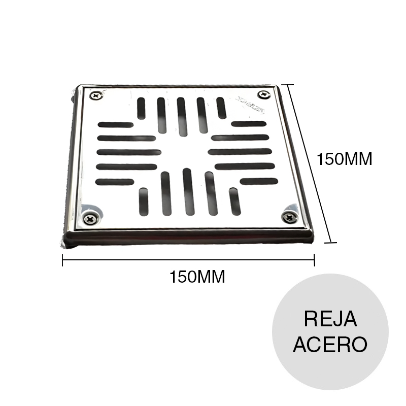 Reja c/marco Acero2 desagüe piso acero inoxidable 150mm x 150mm