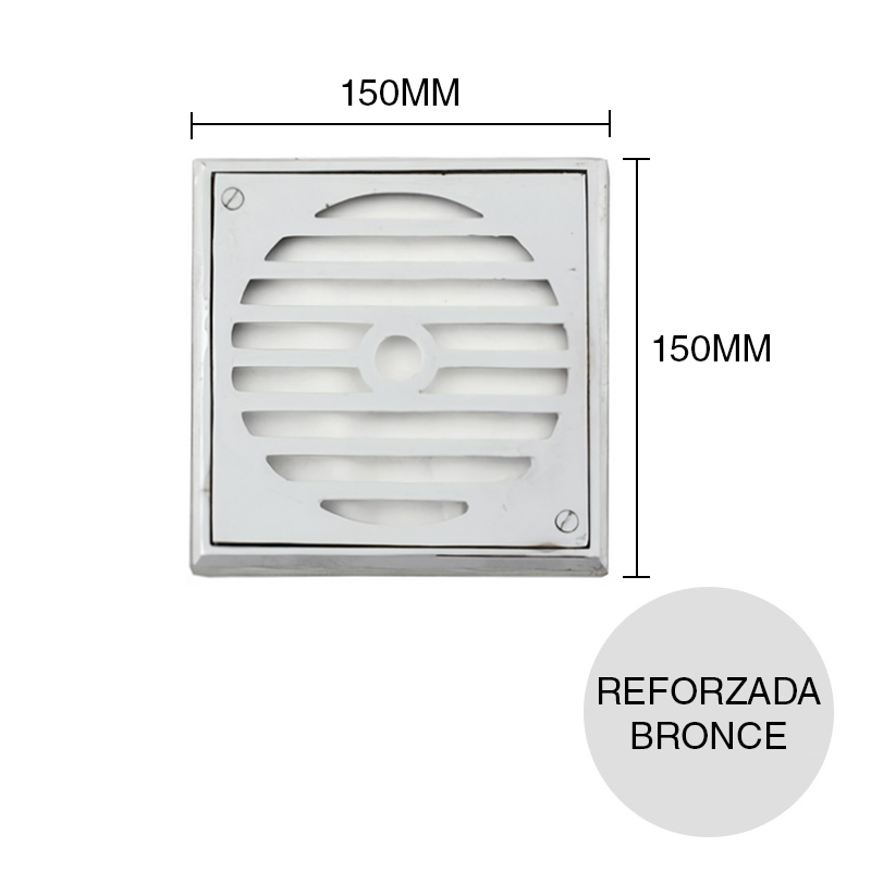 Reja Reforzada desagüe piso bronce fundido cromado 150mm x 150mm