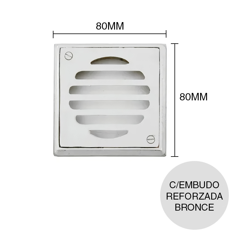 Reja c/embudo Reforzada desagüe piso bronce fundido cromado 80mm x 80mm