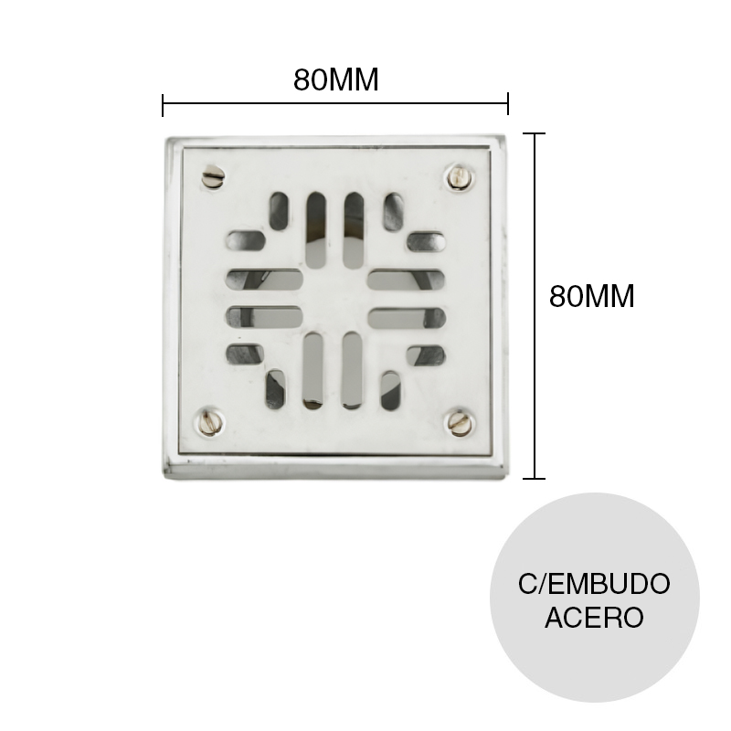 Reja c/embudo desagüe piso acero inoxidable 80mm x 80mm