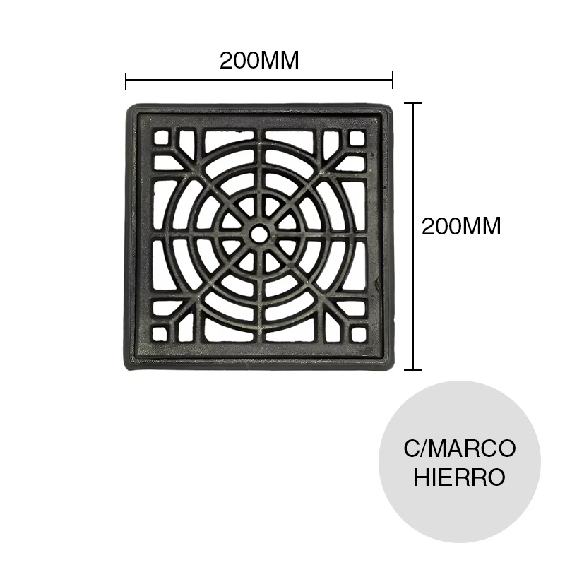 Reja c/marco desagüe piso hierro fundido 200mm x 200mm