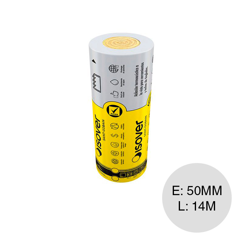 Aislante termico lana de vidrio Fieltro Tensado Aluminio hidrorepelente 50mm x 1.20m x 14m x rollo 16.8m²