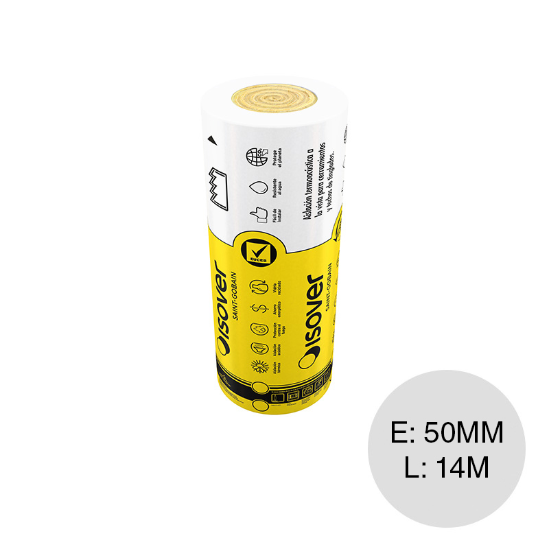 Aislante termico acustico lana de vidrio Fieltro Tensado Polipropileno hidrorepelente blanco 50mm x 1.20m x 14m x rollo 16.8m²