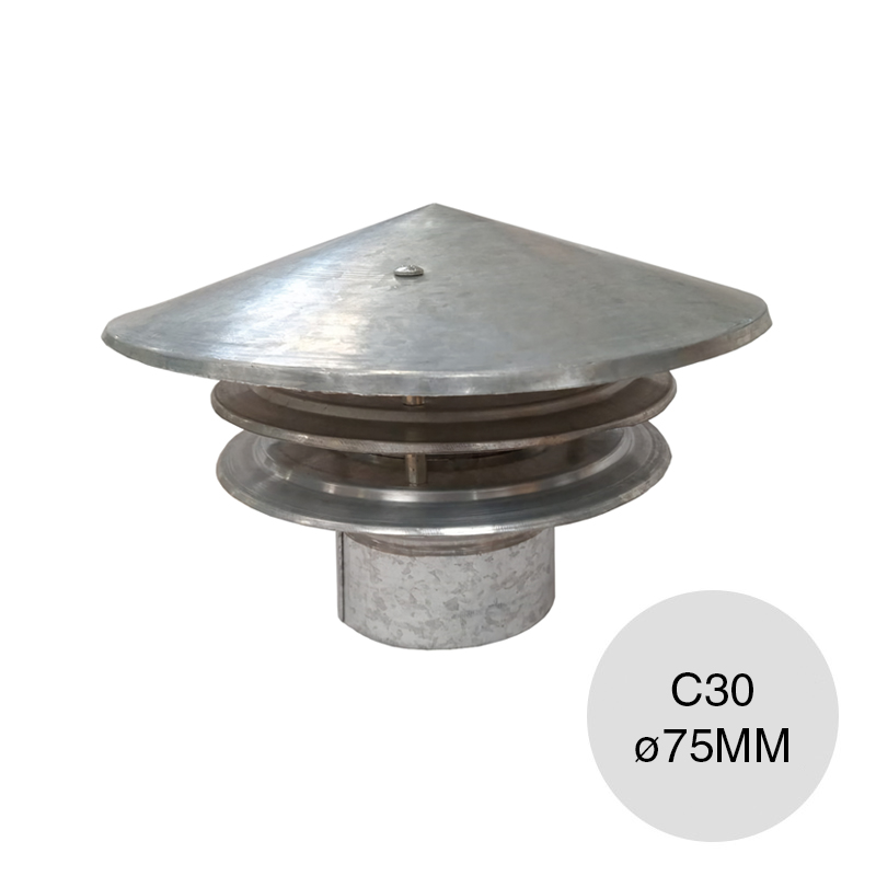 Sombrerete aprobado p/gas doble aro chapa galvanizada C30 ø 75mm