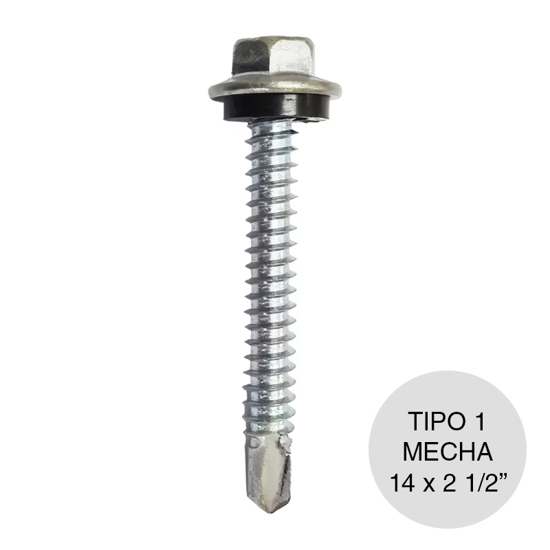 Tornillo autoperforante Tel-Hex Tipo 1 c/arandela punta mecha hexagonal plateado 14 x 2 1/2"