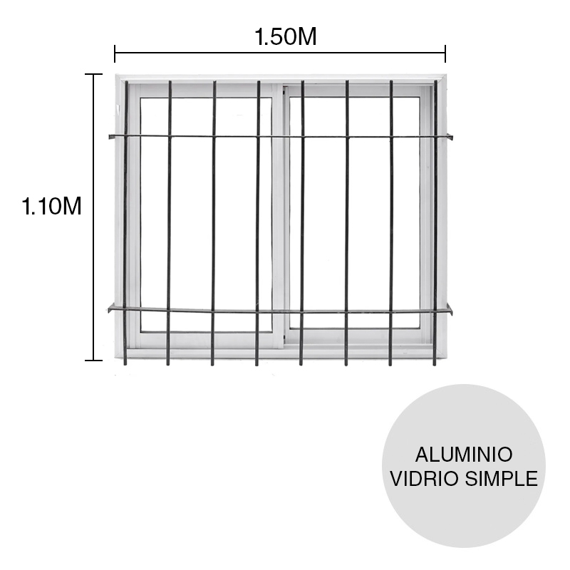 Ventana corrediza vidrio entero aluminio c/reja blanco 1.10m x 1.50m