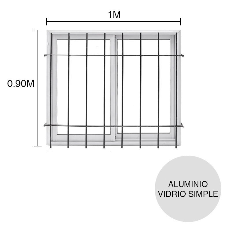Ventana corrediza vidrio entero aluminio c/reja blanco 900mm x 1m