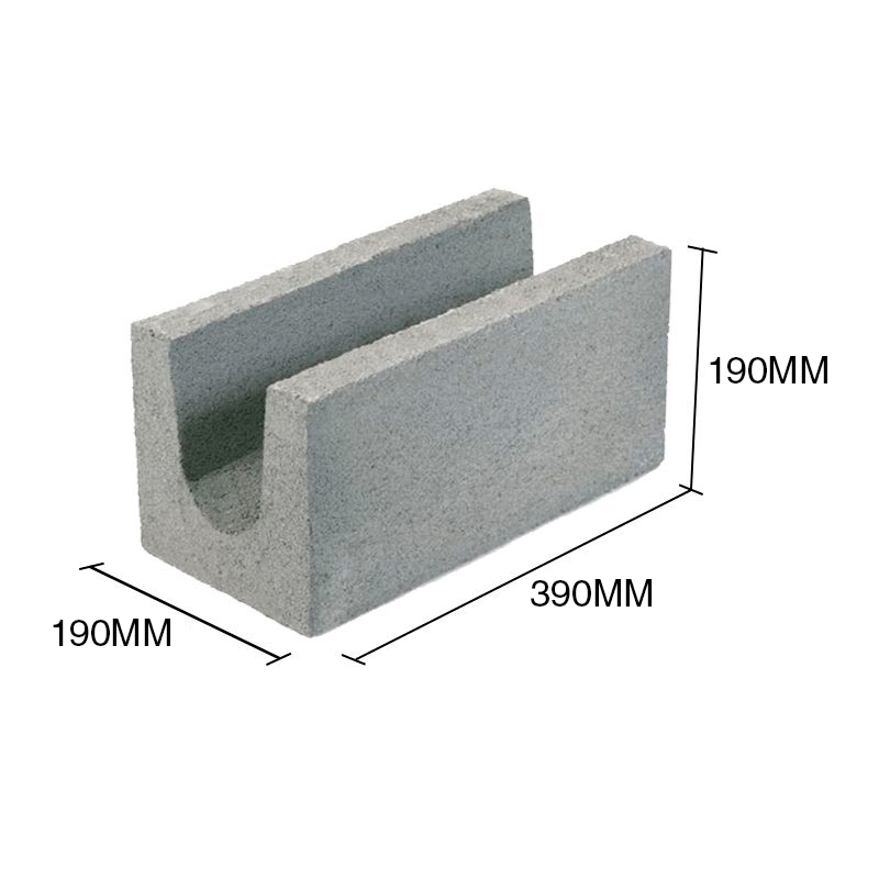 Bloque bond beam BU20 hormigon gris liso 190mm x 190mm x 390mm