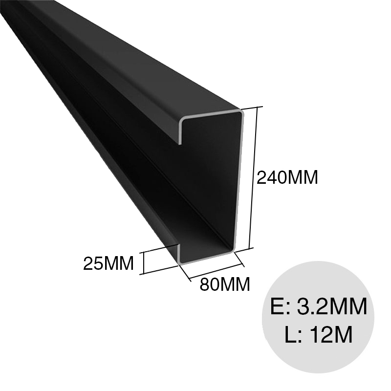 Perfil C negro 240mm x 80mm x 25mm x 3.2mm x 12m