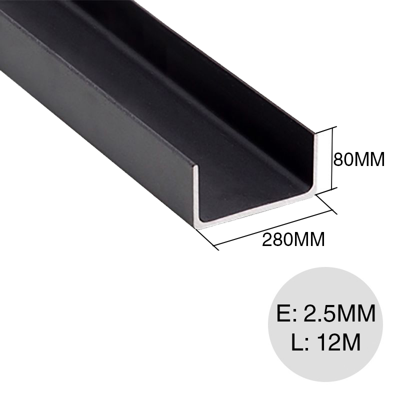 Perfil U negro 280mm x 80mm x 2.5mm x 12m