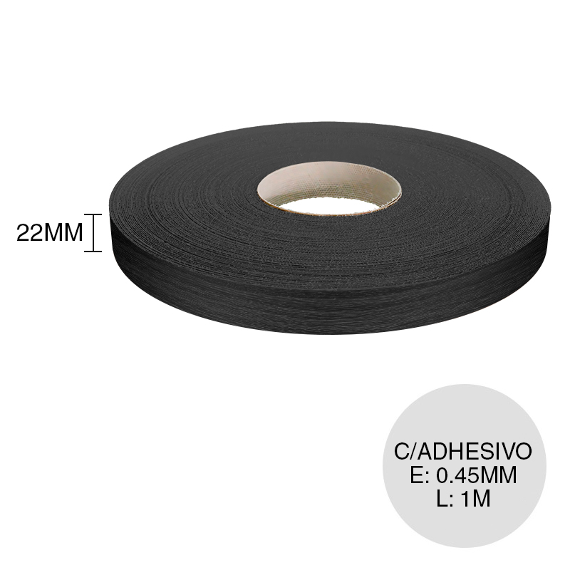 Canto ABS con adhesivo ebano negro 0.45mm x 22mm x 1m